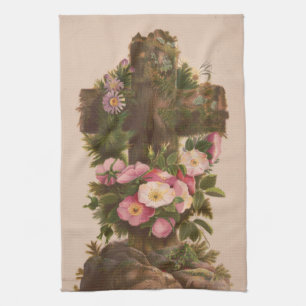 Antique Rustic Cross, Wild Roses, Easter Card, Tea Towel