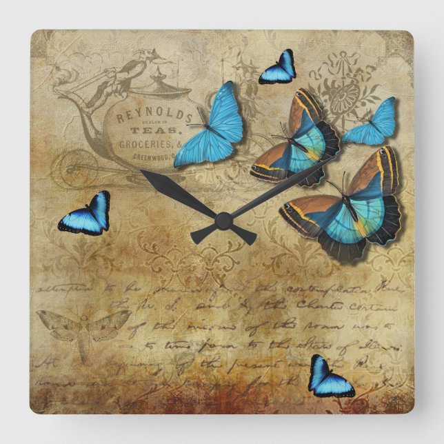 Antique Rustic Decoupage N Blue Butterflies Square Wall Clock (Front)