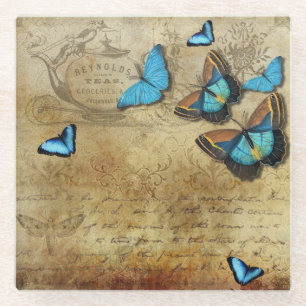 Antique Rustic Decoupage N Blue Butterflies Tea Glass Coaster