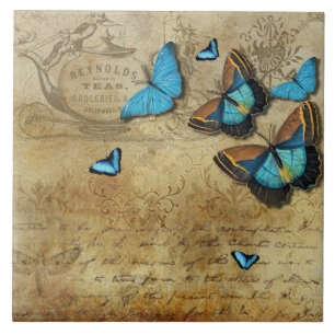 Antique Rustic Decoupage N Blue Butterflies Tile