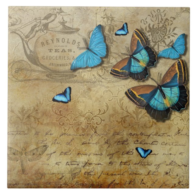 Antique Rustic Decoupage N Blue Butterflies Tile (Front)