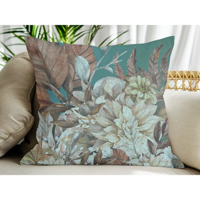 Antique Rustic Flowers Painted Over Teal  Cushion (Creator Uploaded)