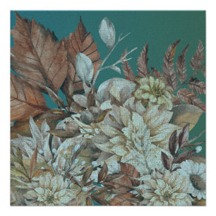 Antique Rustic Flowers Painted Over Teal Poster