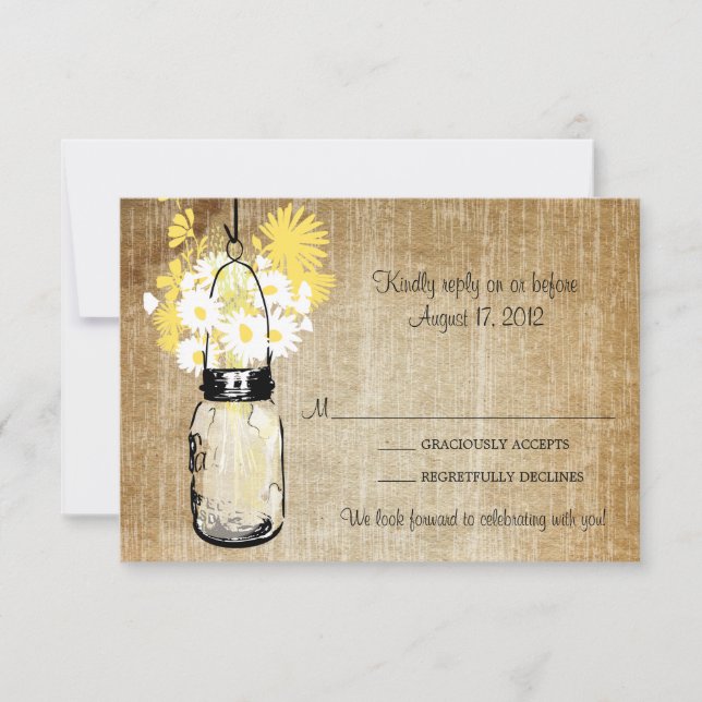 Antique Rustic Mason Jar Daisies Wildflowers RSVP Card (Front)