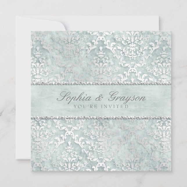 Antique Sage Glimmer Damask Wedding Invite (Front)