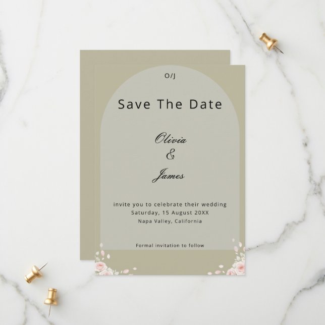 Antique Sage Green Whispered Petals Elegant Script Save The Date (Front/Back In Situ)