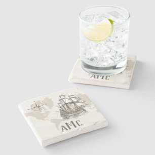 Antique Sailboat with Monogram Stone Coaster