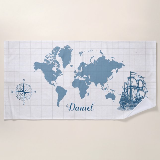 Antique Sailboat with Name Beach Towel (Front)