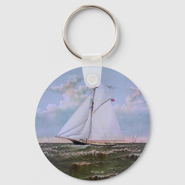 Antique Sailing Ship Sloop Yacht Sailboat Ocean Key Ring (Front)