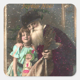 Antique Santa and Girl Christmas Square Sticker