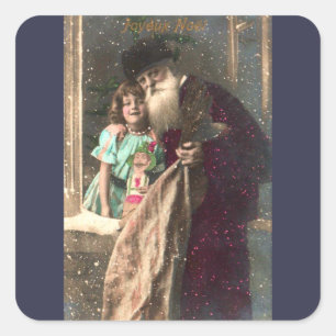 Antique Santa and Girl Christmas Square Sticker