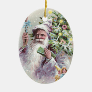 Antique Santa in Purple Coat with Christmas Tree Ceramic Tree Decoration
