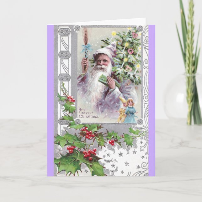 Antique Santa in Purple Coat with Xmas Tree Holiday Card (Front)