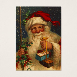 ANTIQUE SANTA IN SNOW STORM WITH GIFT TAG CARD