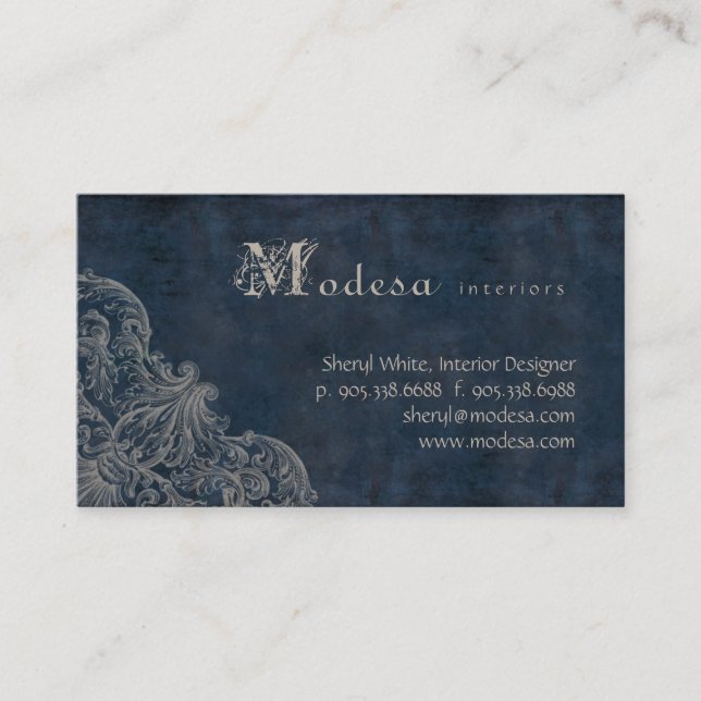 Antique Scroll Business Card Interior Design Blue (Front)