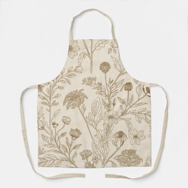 Antique Sepia Botanical Line Art Floral Pattern Apron (Front)