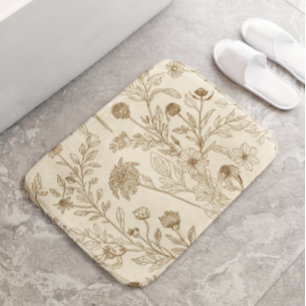 Antique Sepia Botanical Line Art Floral Pattern Bath Mat