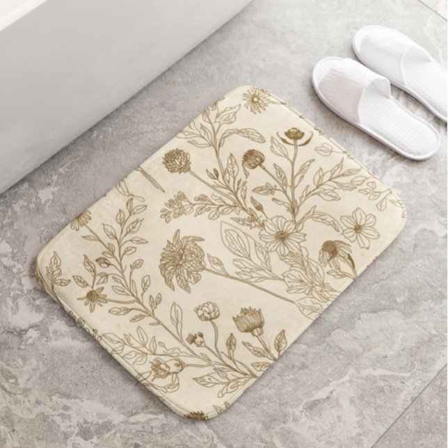 Antique Sepia Botanical Line Art Floral Pattern Bath Mat (Creator Uploaded)