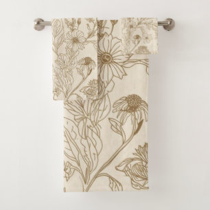 Antique Sepia Botanical Line Art Floral Pattern Bath Towel Set