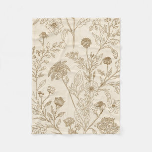 Antique Sepia Botanical Line Art Floral Pattern Fleece Blanket