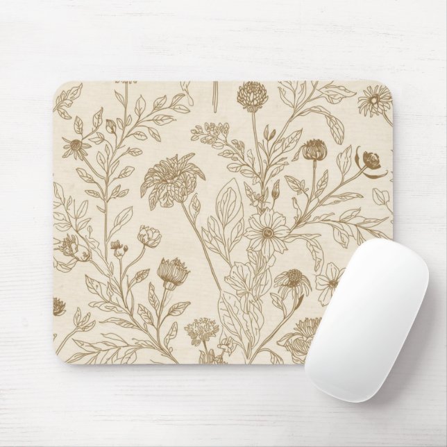 Antique Sepia Botanical Line Art Floral Pattern Mouse Mat (With Mouse)