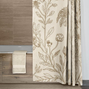Antique Sepia Botanical Line Art Floral Pattern Shower Curtain