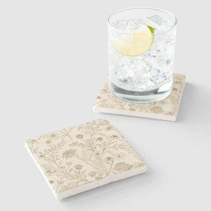 Antique Sepia Botanical Line Art Floral Pattern Stone Coaster