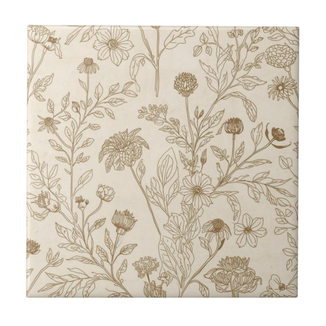 Antique Sepia Botanical Line Art Floral Pattern Tile (Front)
