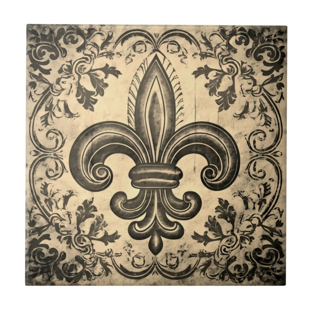 Antique Sepia Fleur de Lis Distressed Tile (Front)