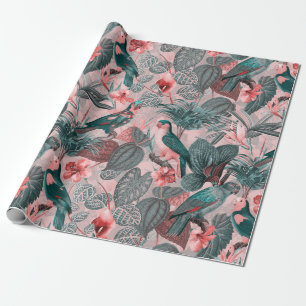 Antique Sepia Parrots Tropical Jungle Pattern Wrapping Paper