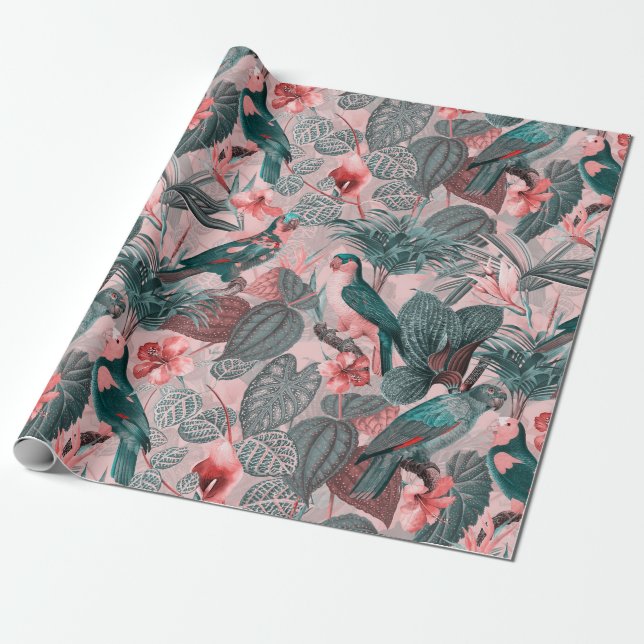 Antique Sepia Parrots Tropical Jungle Pattern Wrapping Paper (Unrolled)