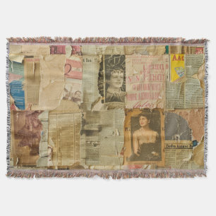 Antique Sepia Portrait Newspaper Scrapbook Throw Blanket