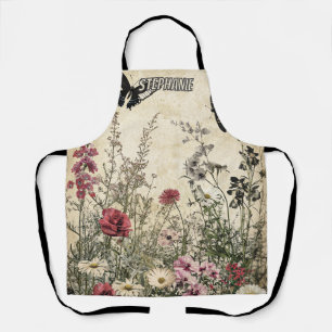 Antique Sepia Wildflower Meadow Butterfly Apron