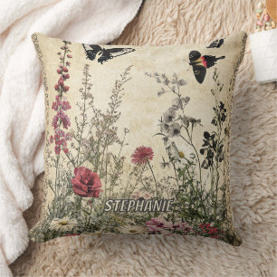 Antique Sepia Wildflower Meadow Butterfly Cushion