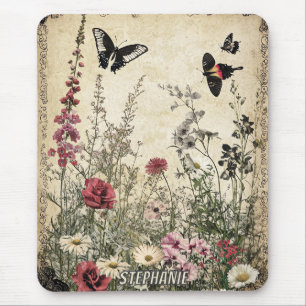 Antique Sepia Wildflower Meadow Butterfly Mouse Mat