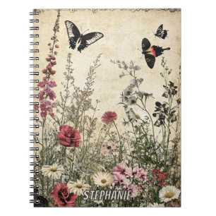 Antique Sepia Wildflower Meadow Butterfly Notebook