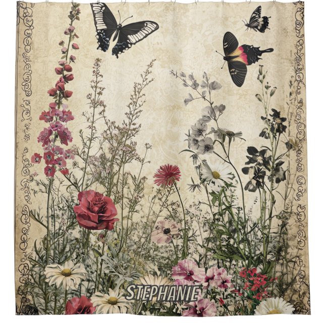 Antique Sepia Wildflower Meadow Butterfly Shower Curtain (Front)