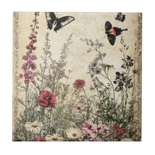 Antique Sepia Wildflower Meadow Butterfly Tile