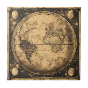 Antique Sepia World Map Vintage Engraving Tile