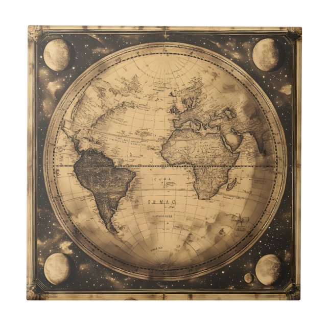 Antique Sepia World Map Vintage Engraving Tile (Front)