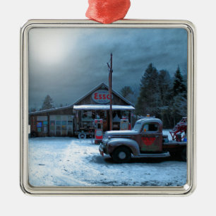 Antique Service Station In Winter Metal Tree Decoration