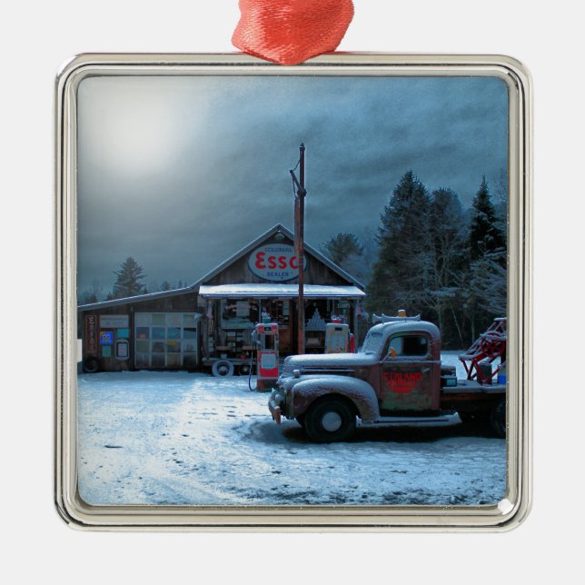 Antique Service Station In Winter Metal Tree Decoration (Front)