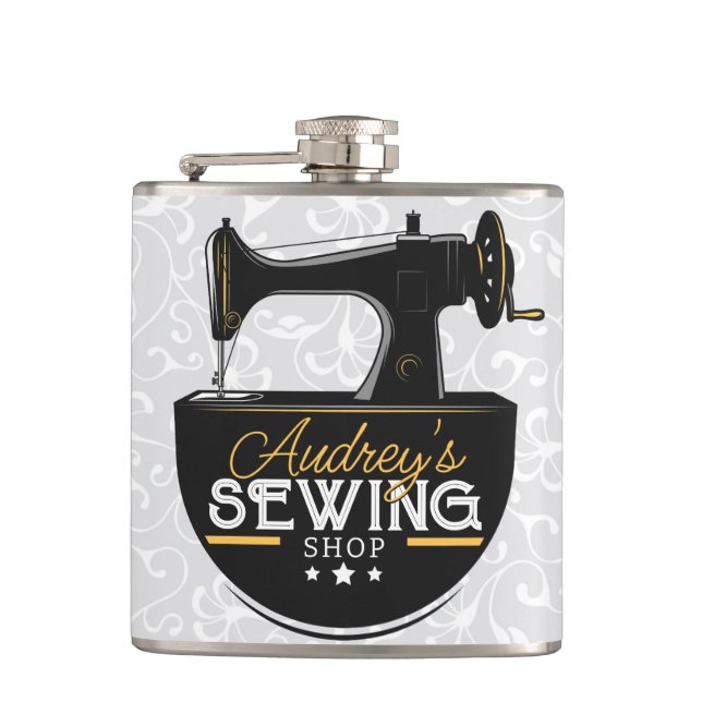 Antique Sewing Machine ADD NAME Seamstress Tailor  Hip Flask (Front)