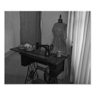 Antique Sewing Machine Black And White Photograph