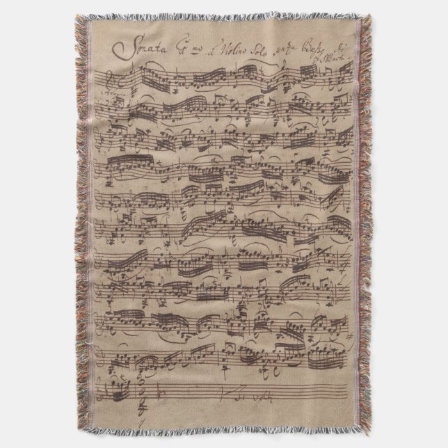 Antique Sheet Music Bach Manuscript Throw Blanket (Front Vertical)