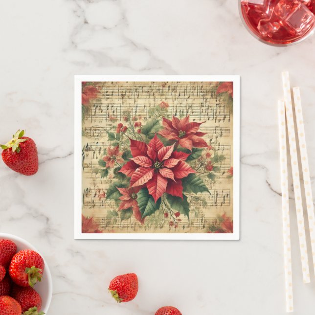 Antique Sheet Music Holiday Poinsettia Découpage Napkin (Insitu)