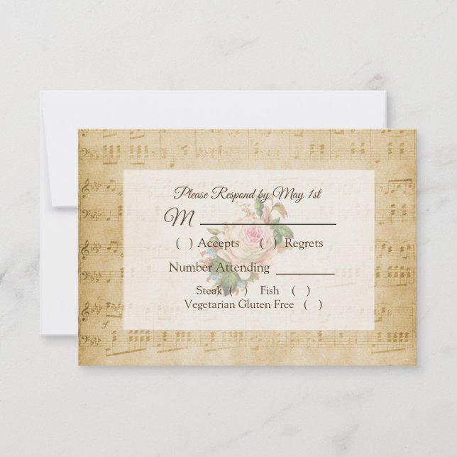 Antique Sheet Music Pink Rose Wedding RSVP card (Front)