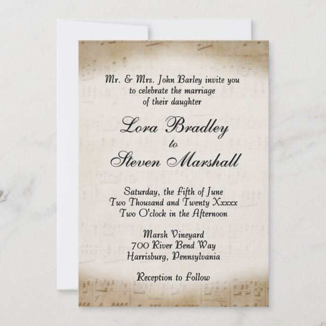 Antique Sheet Music Theme Wedding Invitation (Front)