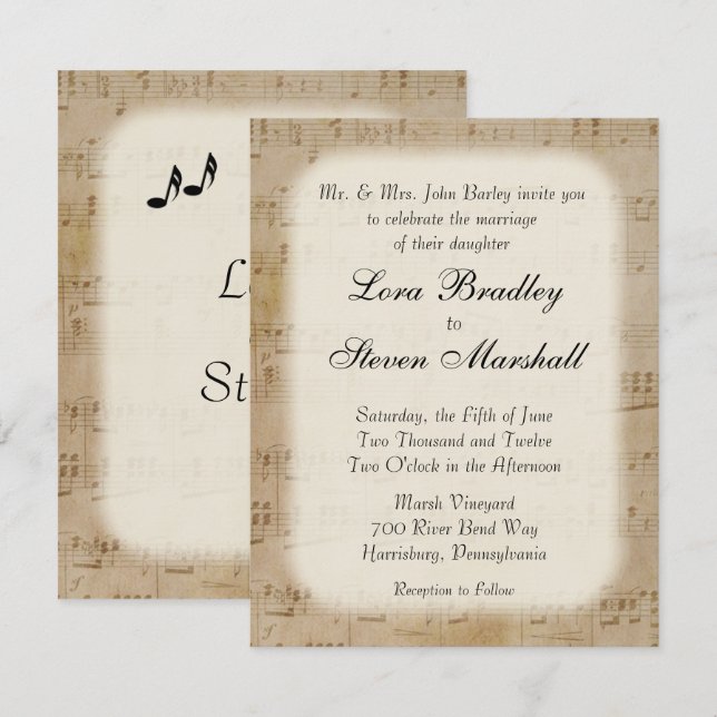 Antique Sheet Music Theme Wedding Invitation (Front/Back)