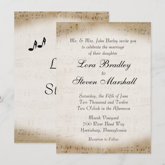 Antique Sheet Music Theme Wedding Invitation (Front/Back)